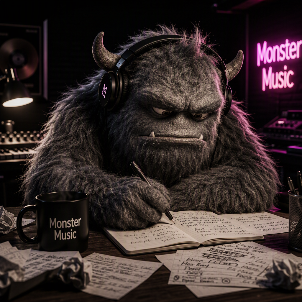 LYRICMONSTERS writing lyrics by hand at the desk, headphones on